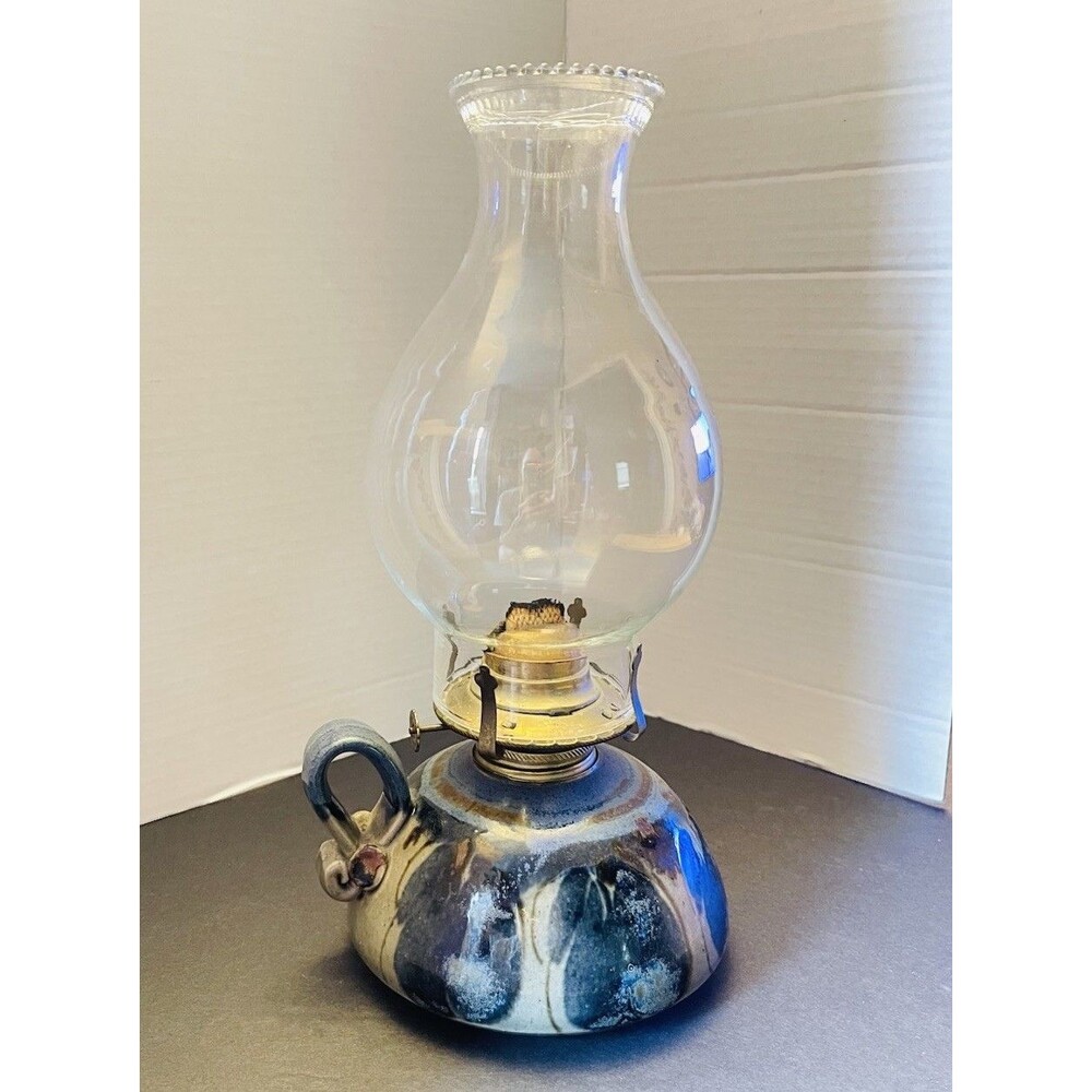 Finger Oil Lamp Blue Spattered Stoneware Studio Pottery Vintage Signed